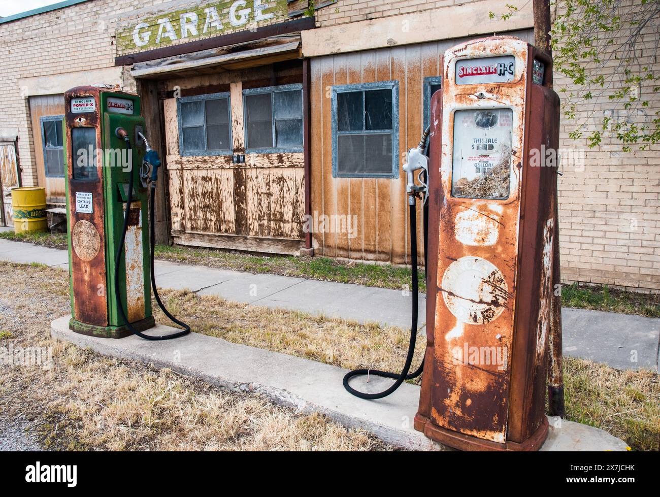 Old gas station and auto repair shop in a small, country town. Stock Photo