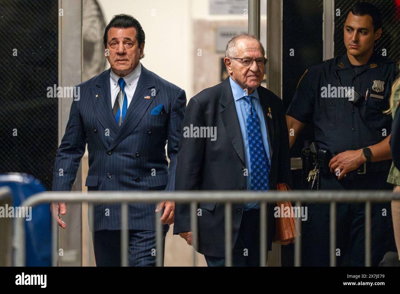 New York, USA. 20th May, 2024. American actor Chuck Zito returns to the courtroom with lawyer Alan Dershowitz after a break in the hush money trial of former President Donald Trump at Manhattan Criminal Court on May 20, 2024 in New York City. Michael Cohen, Trump's former attorney, will take the stand again to continue his cross examination by the defense in the former president's hush money trial. Cohen is the prosecution's final witness in the trial and are expected to rest their case this week. Credit: UPI/Alamy Live News Stock Photo