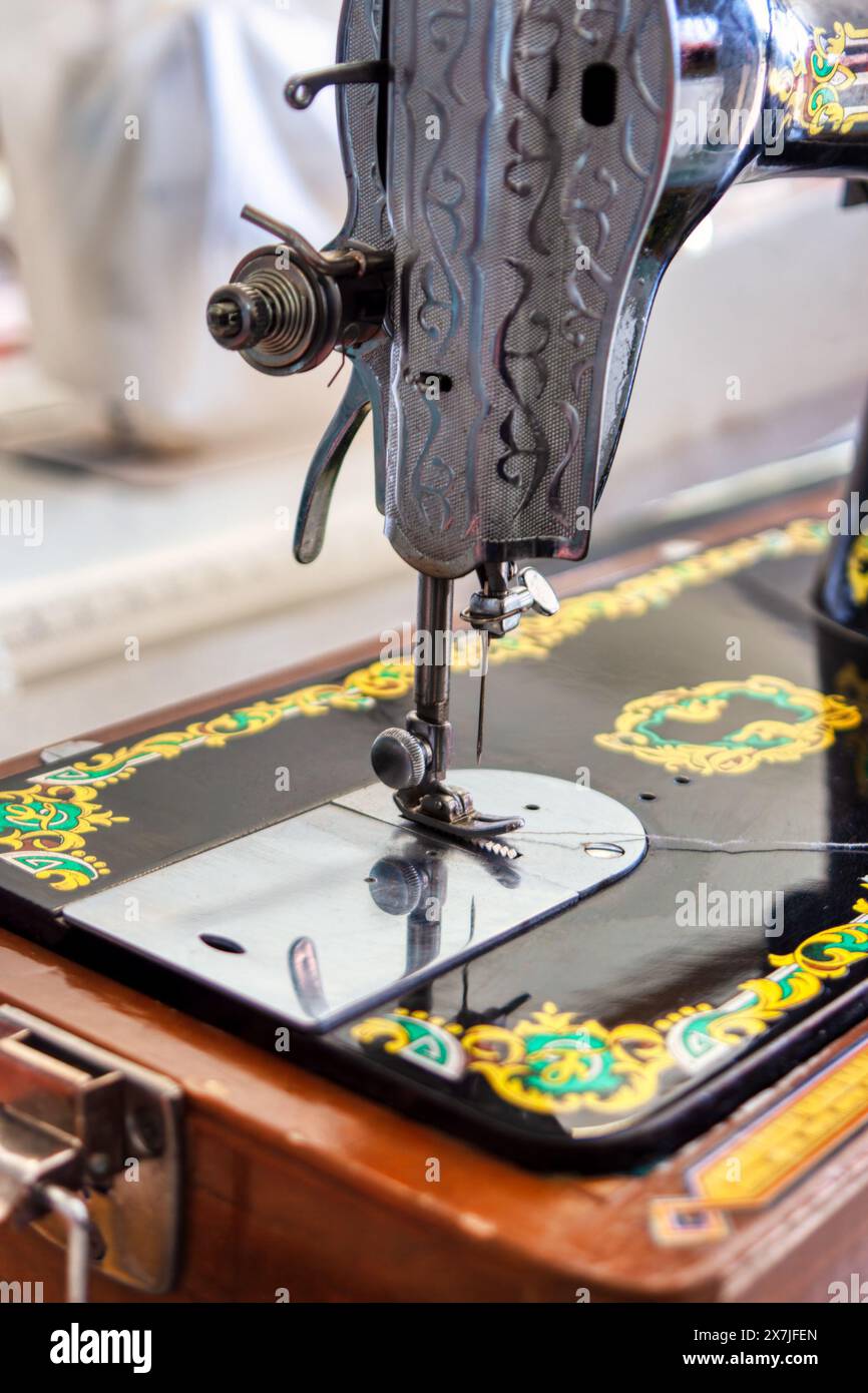 vintage sewing machine, close up, intricate design Stock Photo