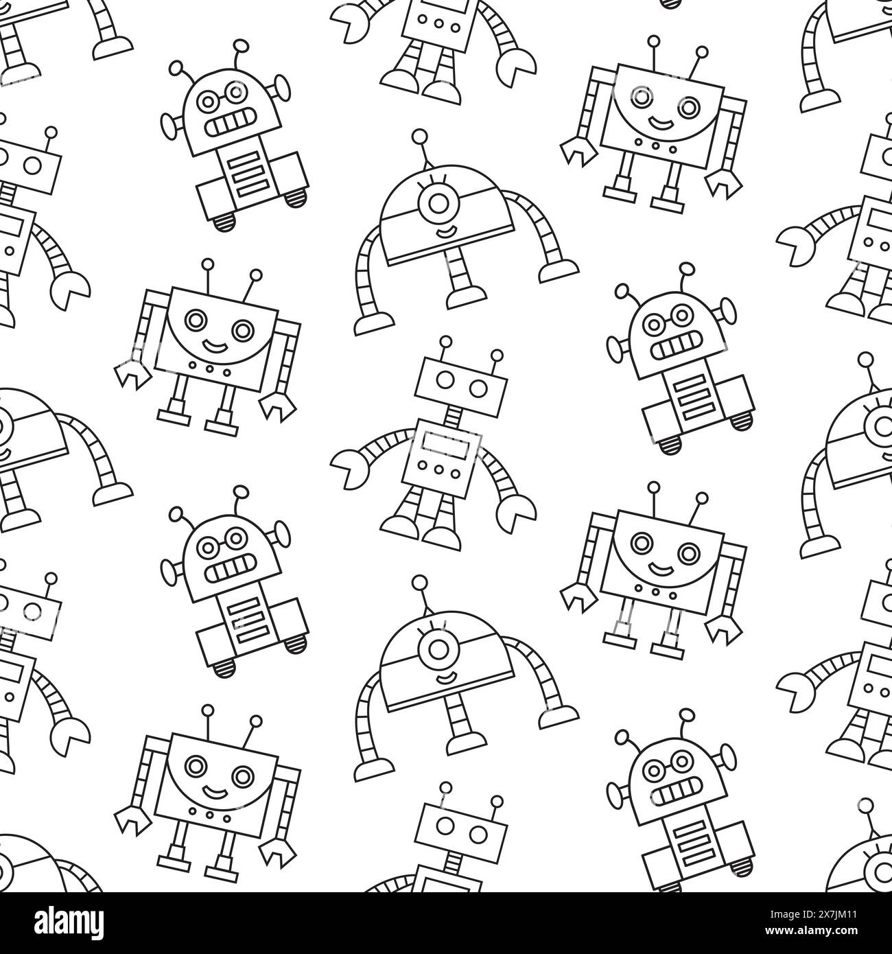 Cute Fun Robots Seamless Pattern Doodle Background Stock Vector
