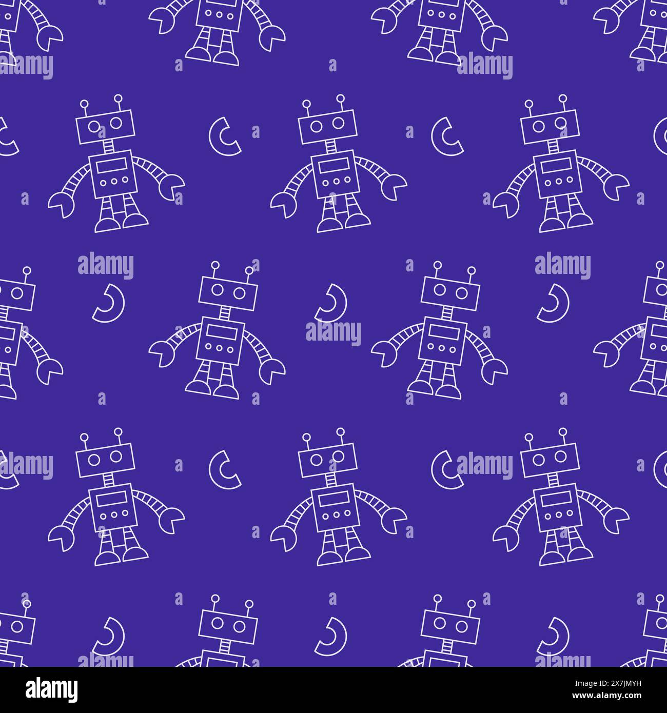 Cute Fun Robots Seamless Pattern Doodle Background Stock Vector