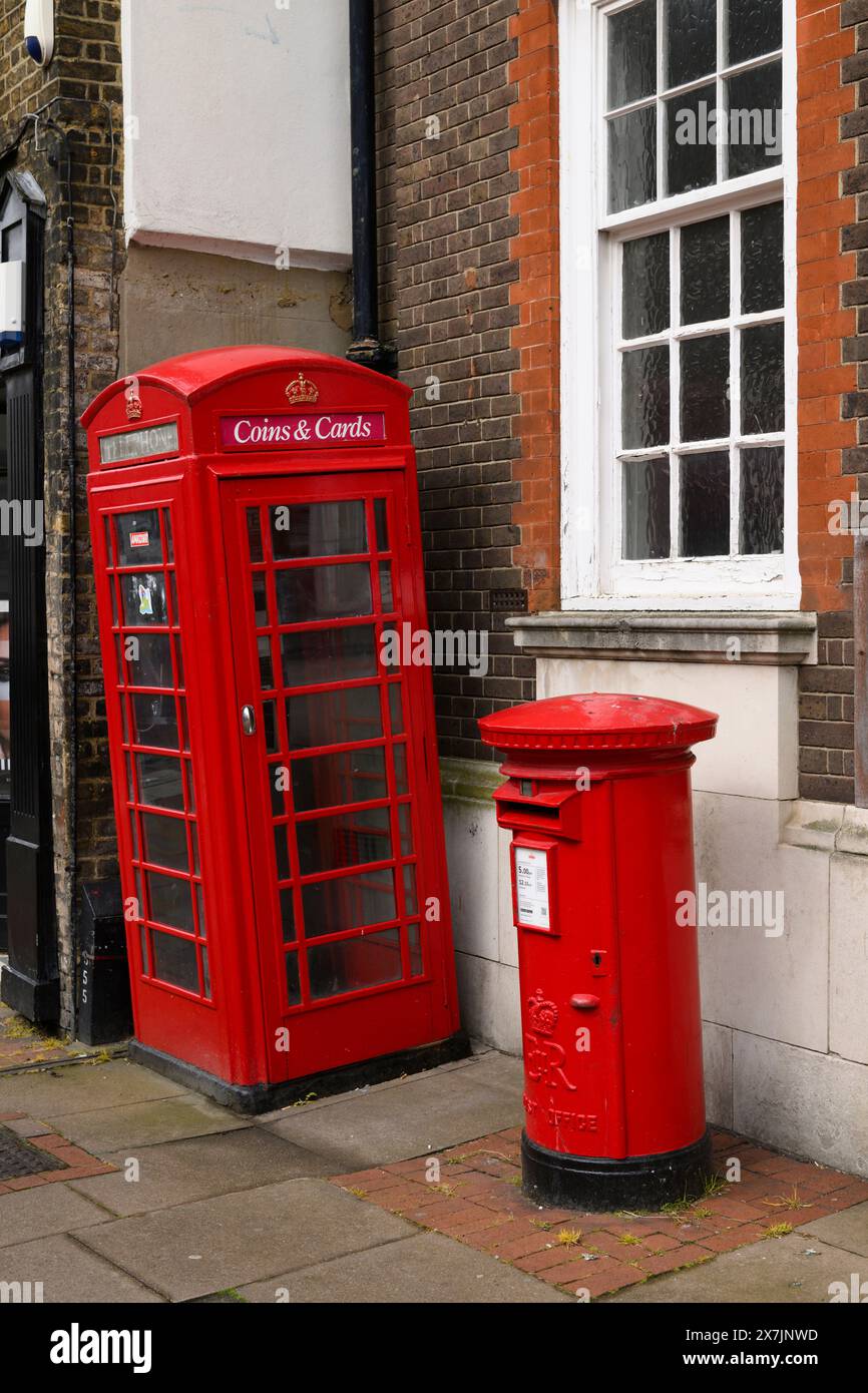 A K6 phone box and a red post box outside the closed-down Rochester Head Post Office, Eastgate, Rochester, Kent, UK.  23 Apr 2024 Stock Photo