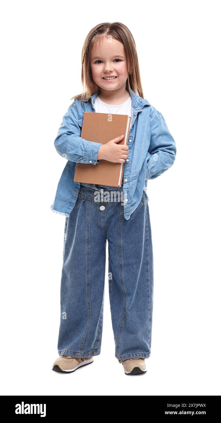 Cute little girl with book on white background Stock Photo - Alamy