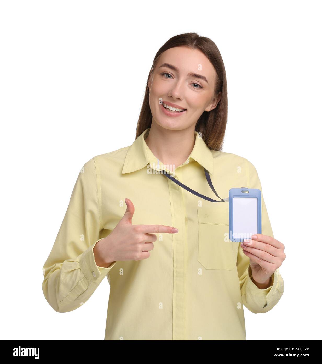 Woman pointing at blank badge on white background Stock Photo - Alamy