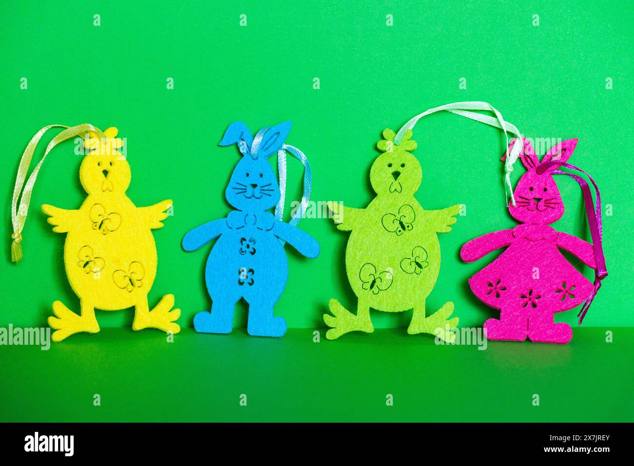 Colourful Easter chicks and Easter bunny decorations Stock Photo