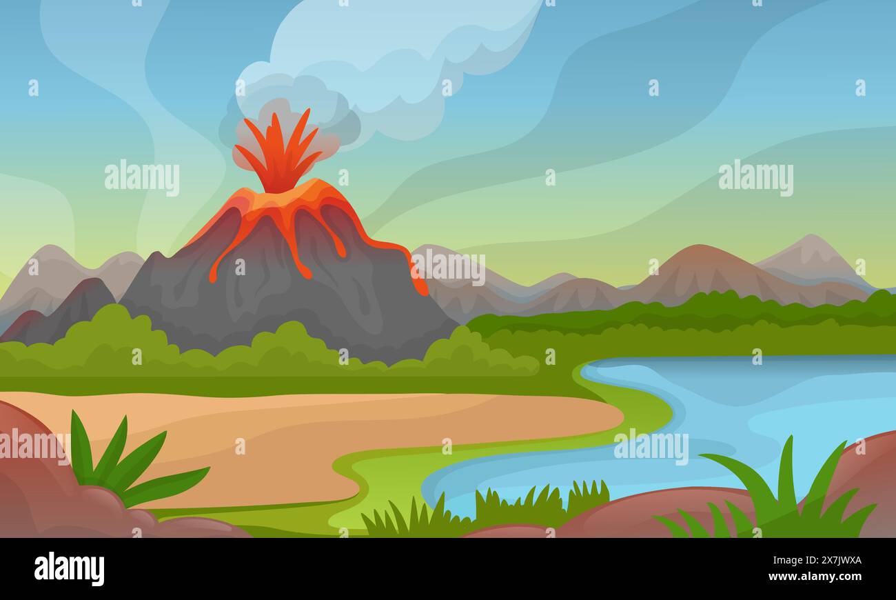 Volcano eruption landscape. Natural disaster in green valley. River, forest silhouette and mountain with lava and fire fountain, neoteric vector scene Stock Vector