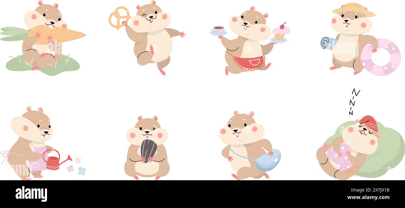 Funny hamster. Cute cartoon hamsters in different situations. Fluffy ...