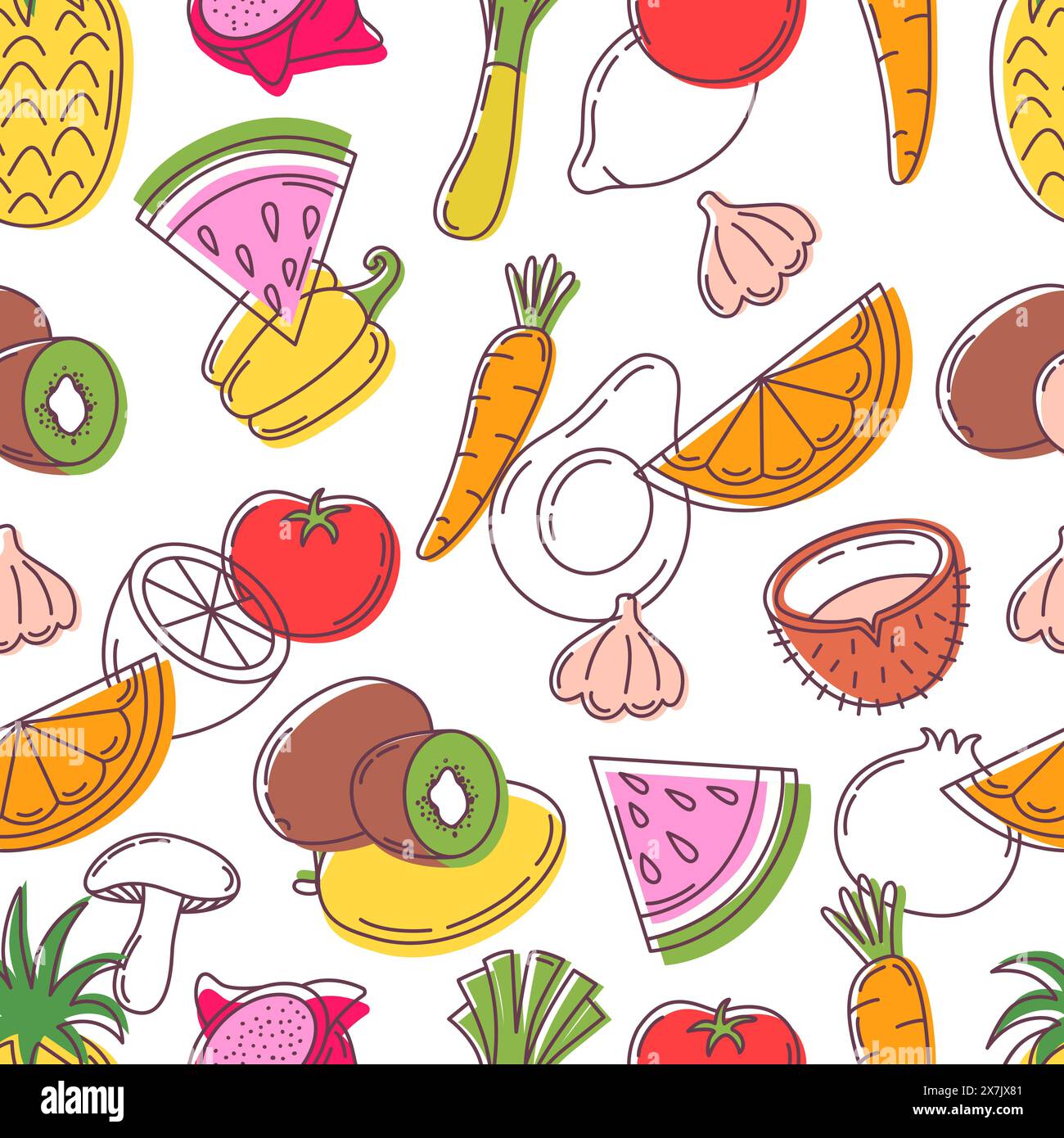 Doodle vegan seamless pattern. Fruits and vegetables, hand drawn style fresh food. Kitchen fabric print design, neoteric vector background Stock Vector
