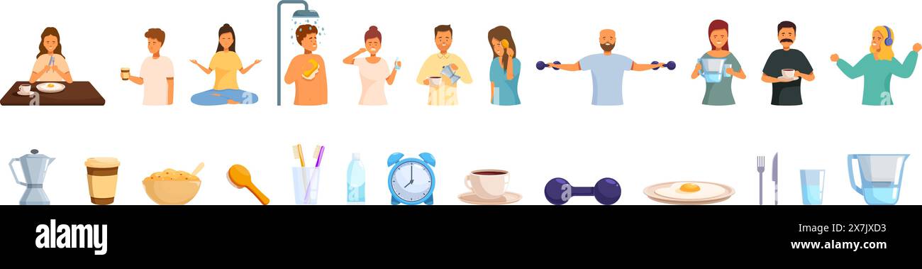 Morning ritual vector. A group of people are shown in various activities such as eating, drinking, and exercising. Concept of a healthy lifestyle and the importance of taking care of one body Stock Vector