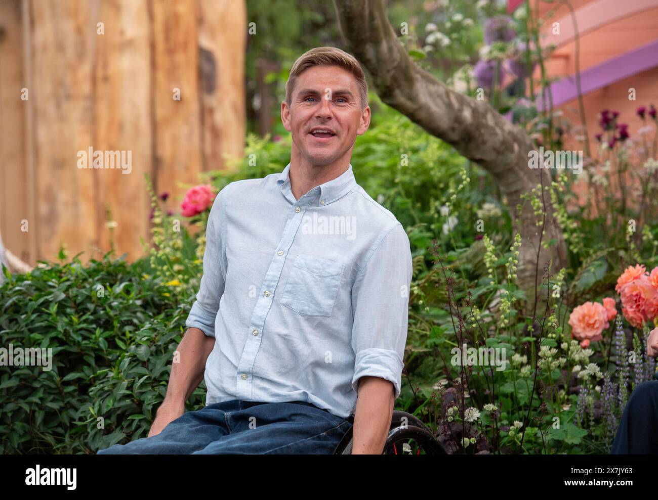 Chelsea, London, UK. 20th May, 2024. BBC Springwatch television presenter and former Paralympian Steve Brown attends the RHS Chelsea Flower Show Press Day in London. Credit: Maureen McLean/Alamy Live News Stock Photo