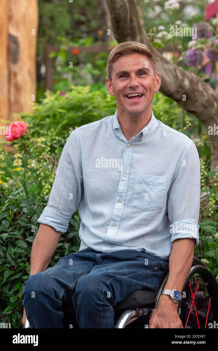 Chelsea, London, UK. 20th May, 2024. BBC Springwatch television presenter and former Paralympian Steve Brown attends the RHS Chelsea Flower Show Press Day in London. Credit: Maureen McLean/Alamy Live News Stock Photo
