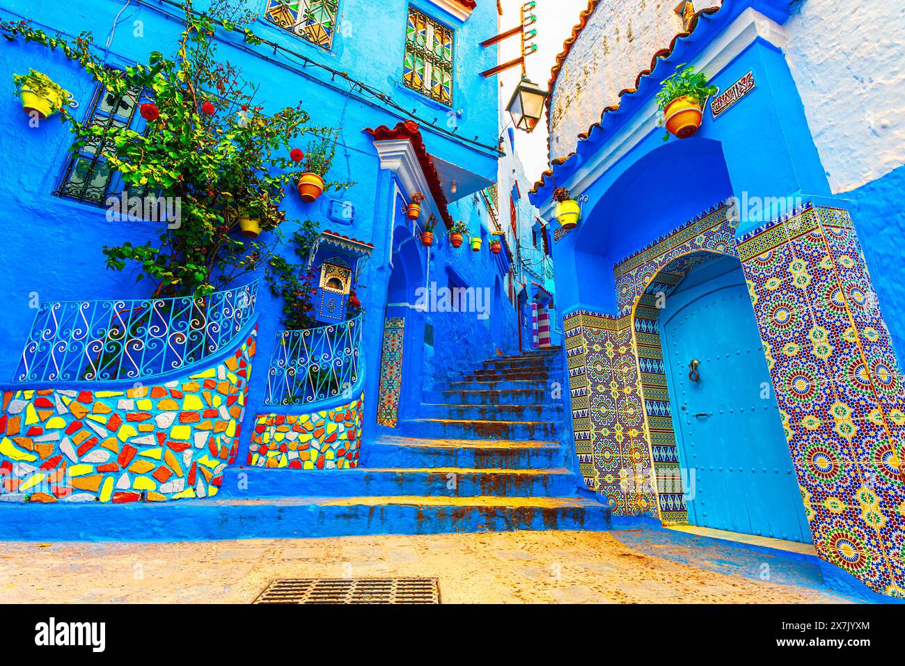 Chefchaouen, Morocco: Blue narow stairs with colourful walls and flowerpots into old walled city, or medina, North Africa travel destination Stock Photo