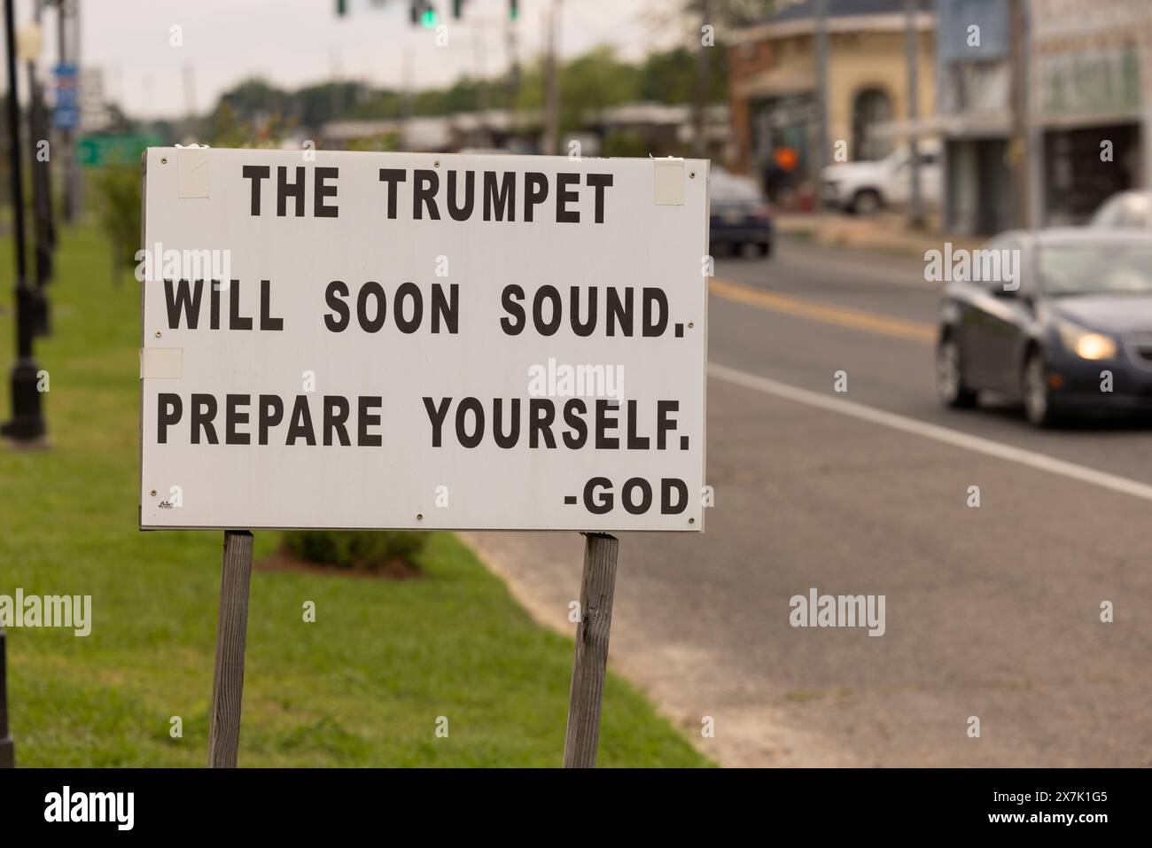 Rayville, Louisiana, USA - April 24, 2024: Cloudy afternoon light shines on a sign signaling preparation for the rapture. Stock Photo
