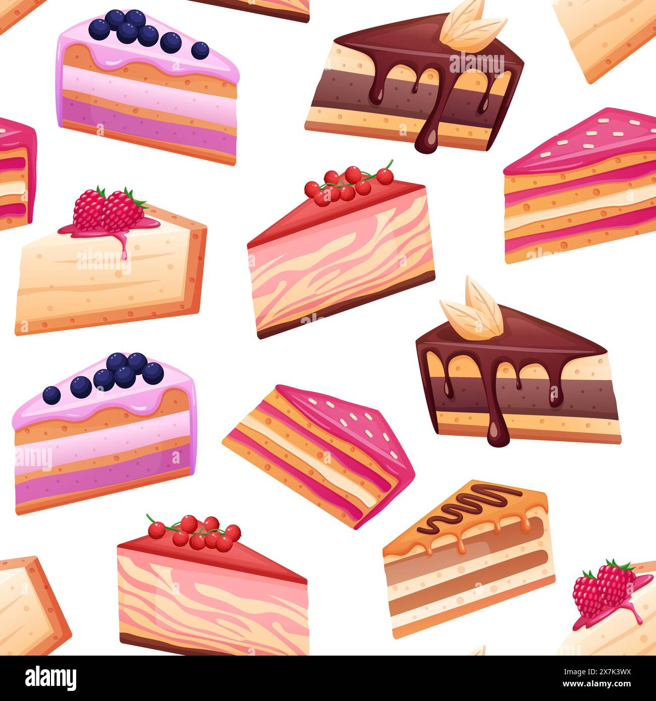 Cakes seamless pattern. Creamy cake slices with berry, chocolate and ...