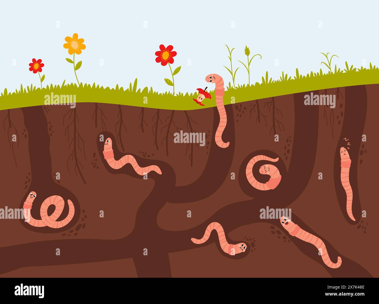 Worms creeps under ground. Cartoon worm, funny crawlers characters in compost. Useful insects different poses, nature classy vector composition Stock Vector