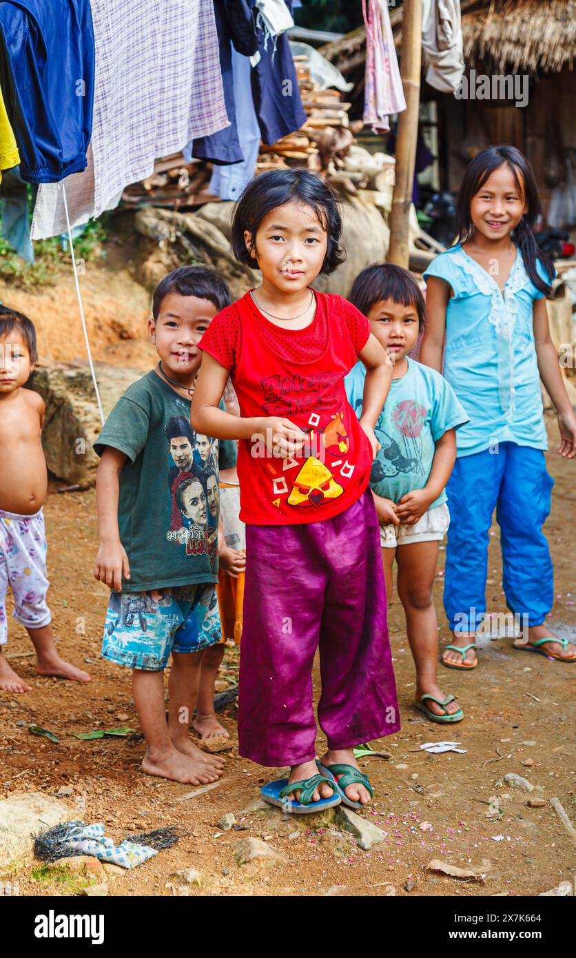 Group of Lahu children in a village in Chiang Khong in Chiang Rai province, northern Thailand Stock Photo