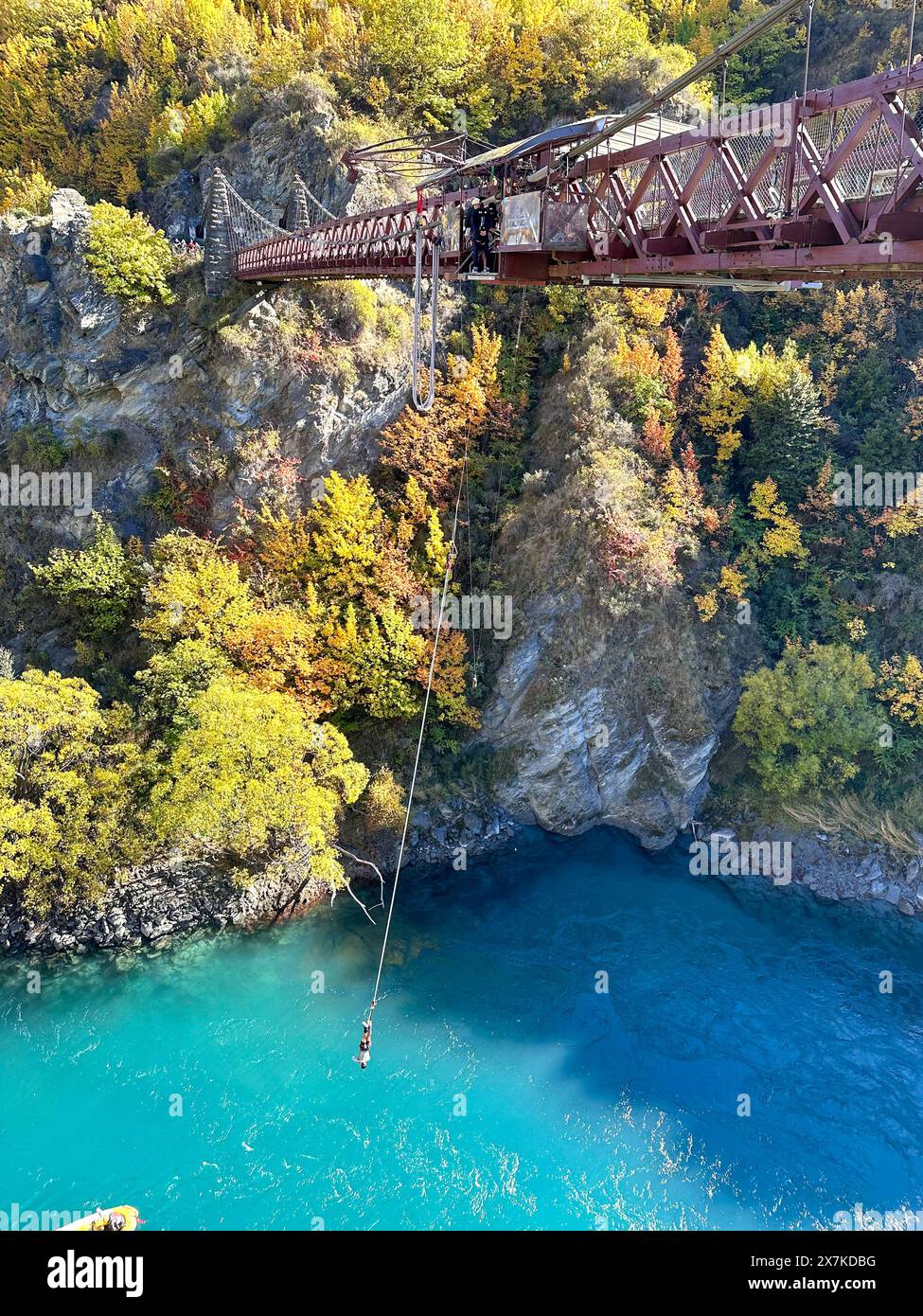 Bungy jumping off Kawarau Gorge Suspension Bridge in autumn, Gibbston