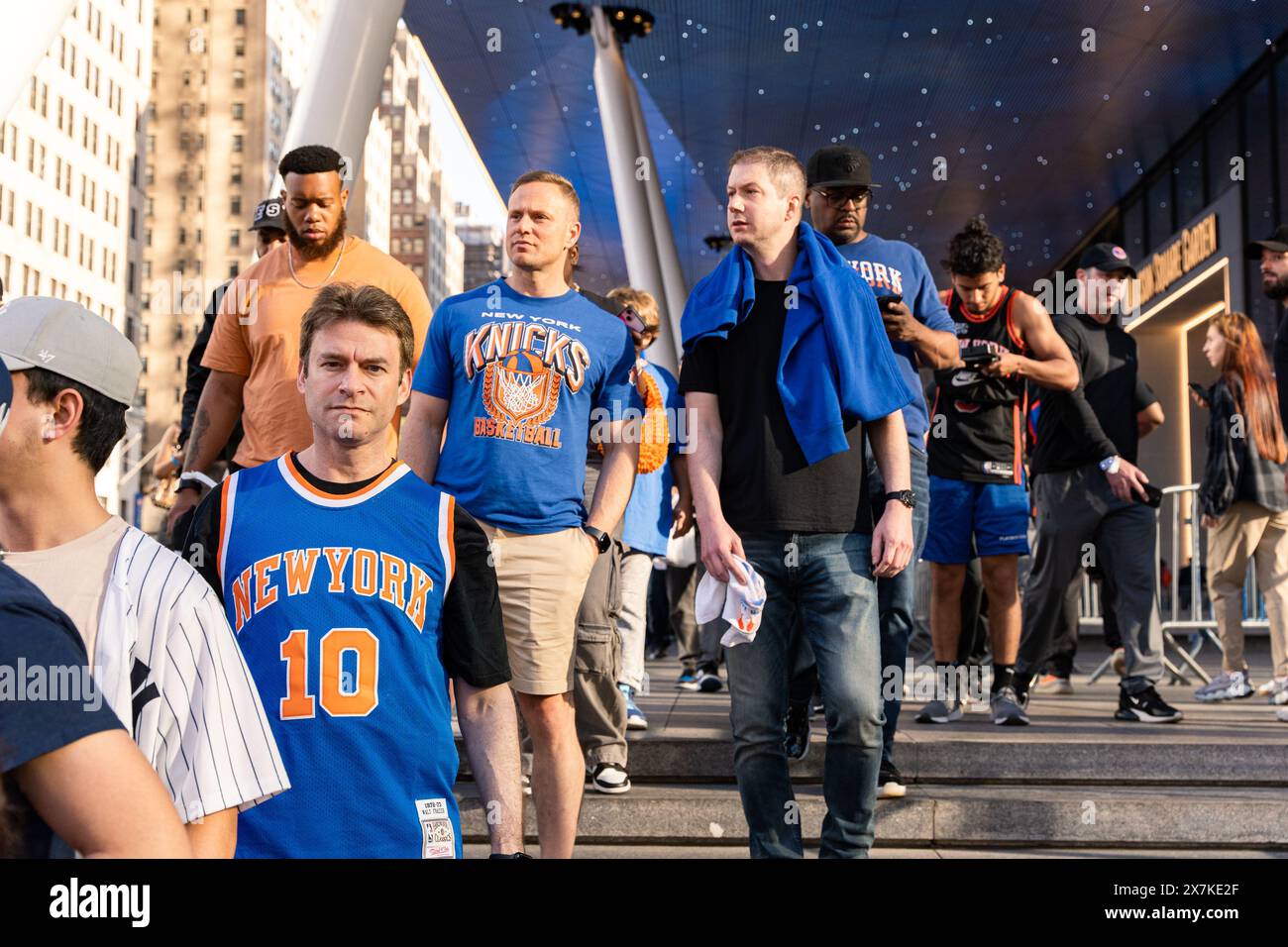 Manhattan, USA. 19th May, 2024. Knicks fans gather outside Madison Square Garden after a game seven loss to the Indiana Pacers in Midtown, Manhattan, NY, on Sunday, May 19, 2024. (Photo by Cristina Matuozzi/Sipa USA) Credit: Sipa USA/Alamy Live News Stock Photo
