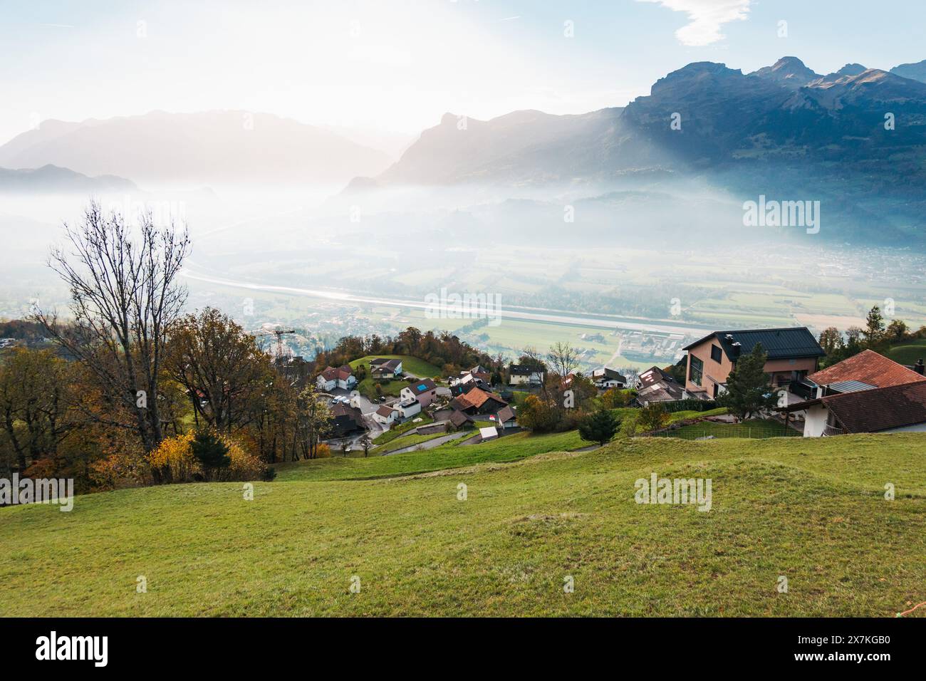 A hillside village in Liechtenstein with views of the valley below ...