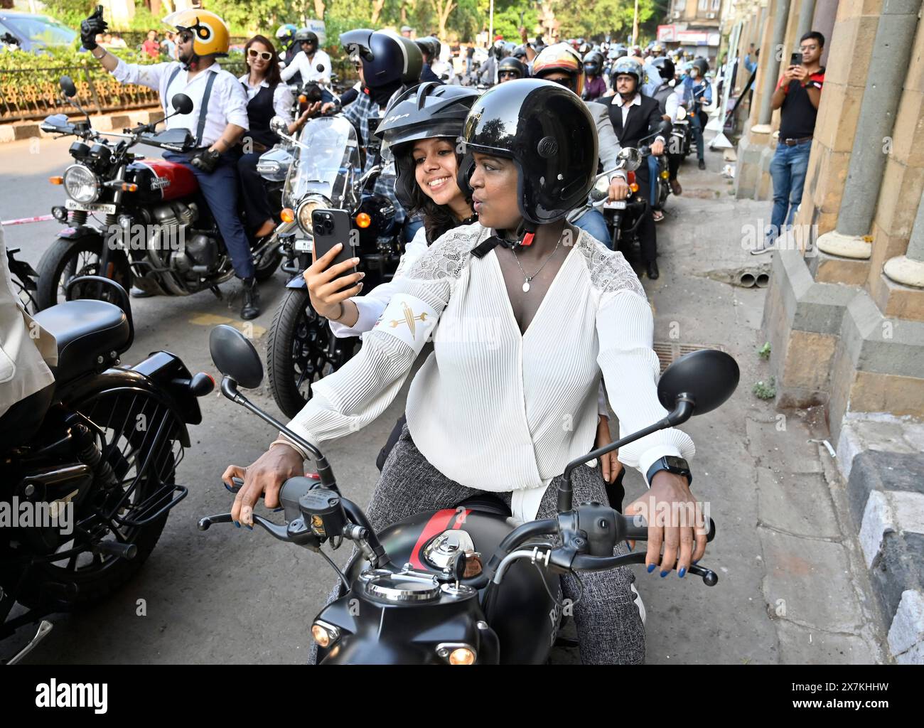 Mumbai, India. 19th May, 2024. MUMBAI, INDIA - MAY 19: Jessica rebello, Ashlesha keer motorcycle enthusiast participated in 'The Distinguished Gentleman's Ride' raising fund and creating awareness of prostate cancer and men's mental health, from Horniman Circle to WOrli and back, on May 19, 2024 in Mumbai, India. (Photo by Anshuman Poyrekar/Hindustan Times/Sipa USA ) Credit: Sipa USA/Alamy Live News Stock Photo