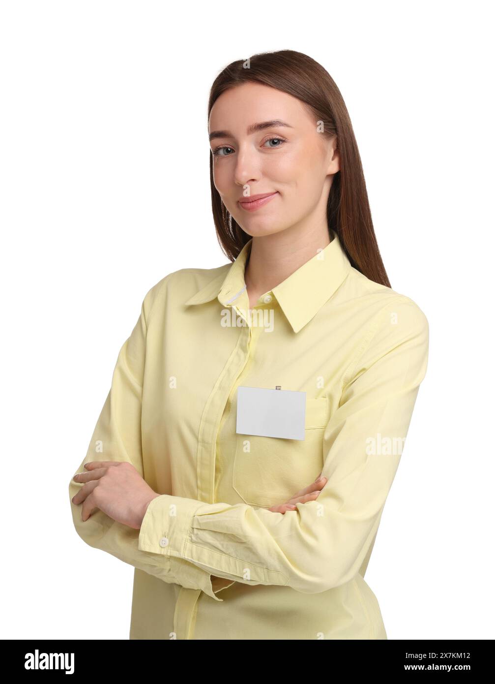Woman with blank badge on white background Stock Photo - Alamy