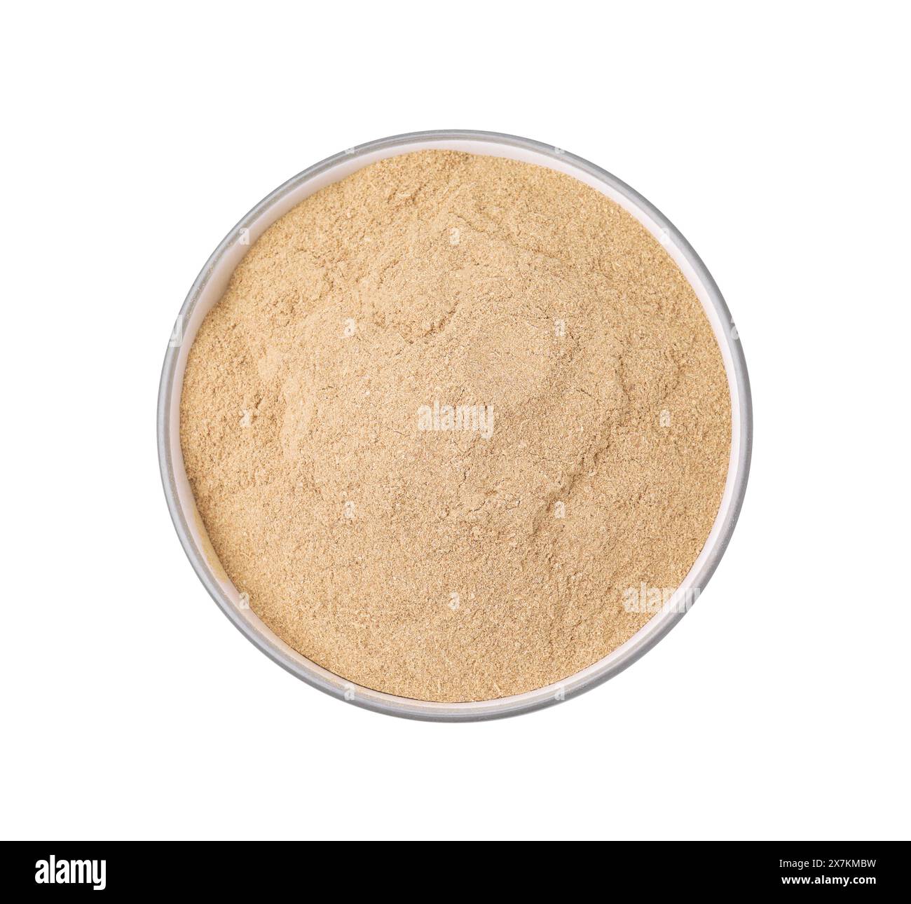 Dietary fiber. Psyllium husk powder in bowl isolated on white, top view