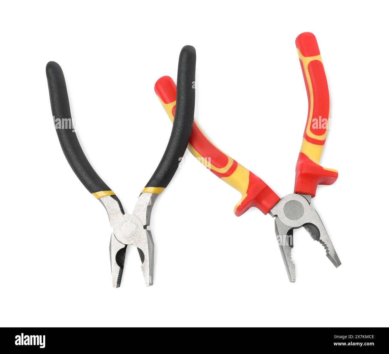 Different pliers isolated on white. Construction tool Stock Photo