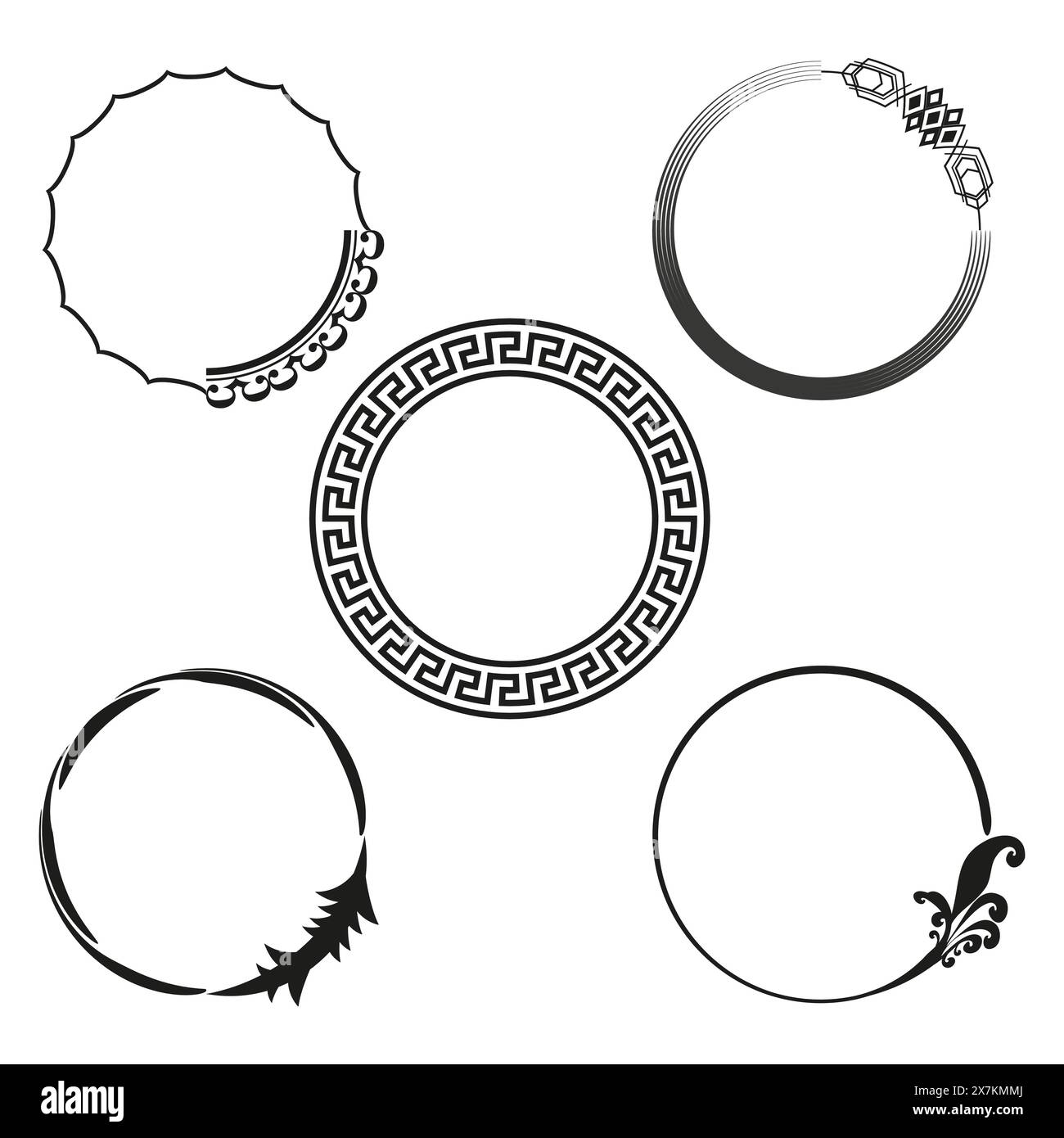 Assorted decorative frames set. Black and white circular borders. Vector ornate designs. Stock Vector