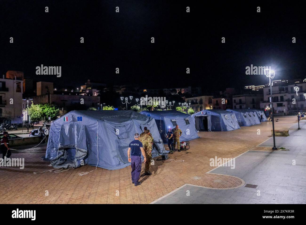 Italy: Campi Flegrei, bradisismo Campania s civil protection set up a tensile structure at the port of pozzuoli for people who are not confident about returning to their homes after the earthquake tremors, near Naples, southern Italy, 20 May 2024. The tremor that occurred at 8.10pm with epicentre in the Campi Flegrei was of magnitude 4.4. This was reported by the National Institute of Geophysics and Volcanology, according to which the depth of the quake was three kilometres. ABP02078 Copyright: xAntonioxBalascox Stock Photo