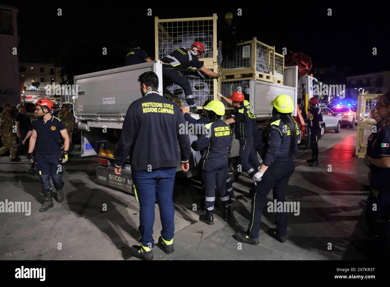 Italy: Campi Flegrei, bradisismo Campania s civil protection set up a tensile structure at the port of pozzuoli for people who are not confident about returning to their homes after the earthquake tremors, near Naples, southern Italy, 20 May 2024. The tremor that occurred at 8.10pm with epicentre in the Campi Flegrei was of magnitude 4.4. This was reported by the National Institute of Geophysics and Volcanology, according to which the depth of the quake was three kilometres. ABP01660 Copyright: xAntonioxBalascox Stock Photo