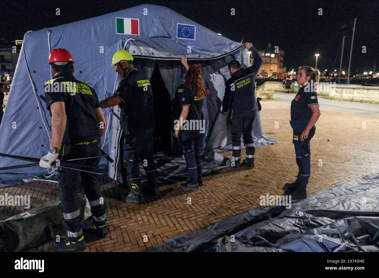 Italy: Campi Flegrei, bradisismo Campania s civil protection set up a tensile structure at the port of pozzuoli for people who are not confident about returning to their homes after the earthquake tremors, near Naples, southern Italy, 20 May 2024. The tremor that occurred at 8.10pm with epicentre in the Campi Flegrei was of magnitude 4.4. This was reported by the National Institute of Geophysics and Volcanology, according to which the depth of the quake was three kilometres. ABP01892 Copyright: xAntonioxBalascox Stock Photo