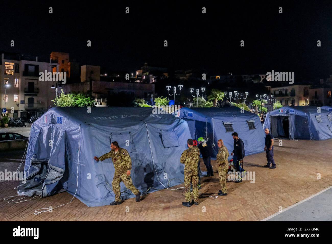 Italy: Campi Flegrei, bradisismo Campania s civil protection set up a tensile structure at the port of pozzuoli for people who are not confident about returning to their homes after the earthquake tremors, near Naples, southern Italy, 20 May 2024. The tremor that occurred at 8.10pm with epicentre in the Campi Flegrei was of magnitude 4.4. This was reported by the National Institute of Geophysics and Volcanology, according to which the depth of the quake was three kilometres. ABP02093 Copyright: xAntonioxBalascox Stock Photo