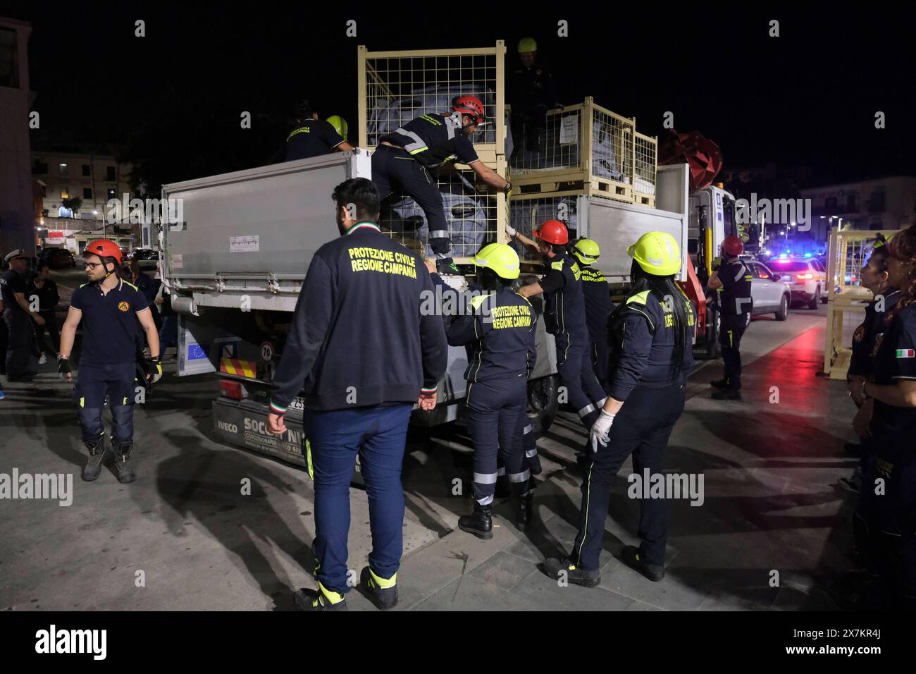 Italy: Campi Flegrei, bradisismo Campania s civil protection set up a tensile structure at the port of pozzuoli for people who are not confident about returning to their homes after the earthquake tremors, near Naples, southern Italy, 20 May 2024. The tremor that occurred at 8.10pm with epicentre in the Campi Flegrei was of magnitude 4.4. This was reported by the National Institute of Geophysics and Volcanology, according to which the depth of the quake was three kilometres. ABP01657 Copyright: xAntonioxBalascox Stock Photo