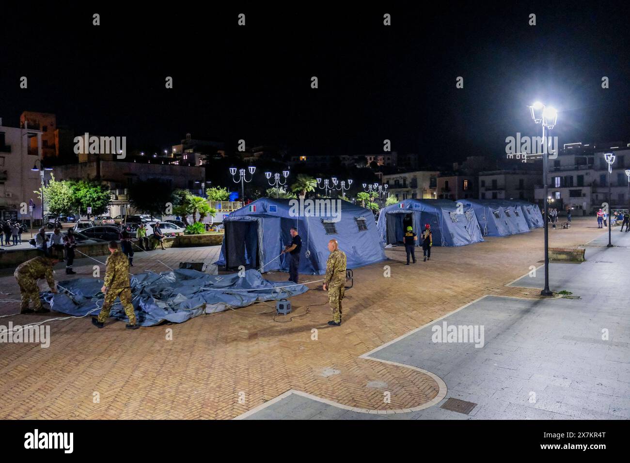 Italy: Campi Flegrei, bradisismo Campania s civil protection set up a tensile structure at the port of pozzuoli for people who are not confident about returning to their homes after the earthquake tremors, near Naples, southern Italy, 20 May 2024. The tremor that occurred at 8.10pm with epicentre in the Campi Flegrei was of magnitude 4.4. This was reported by the National Institute of Geophysics and Volcanology, according to which the depth of the quake was three kilometres. ABP02051 Copyright: xAntonioxBalascox Stock Photo