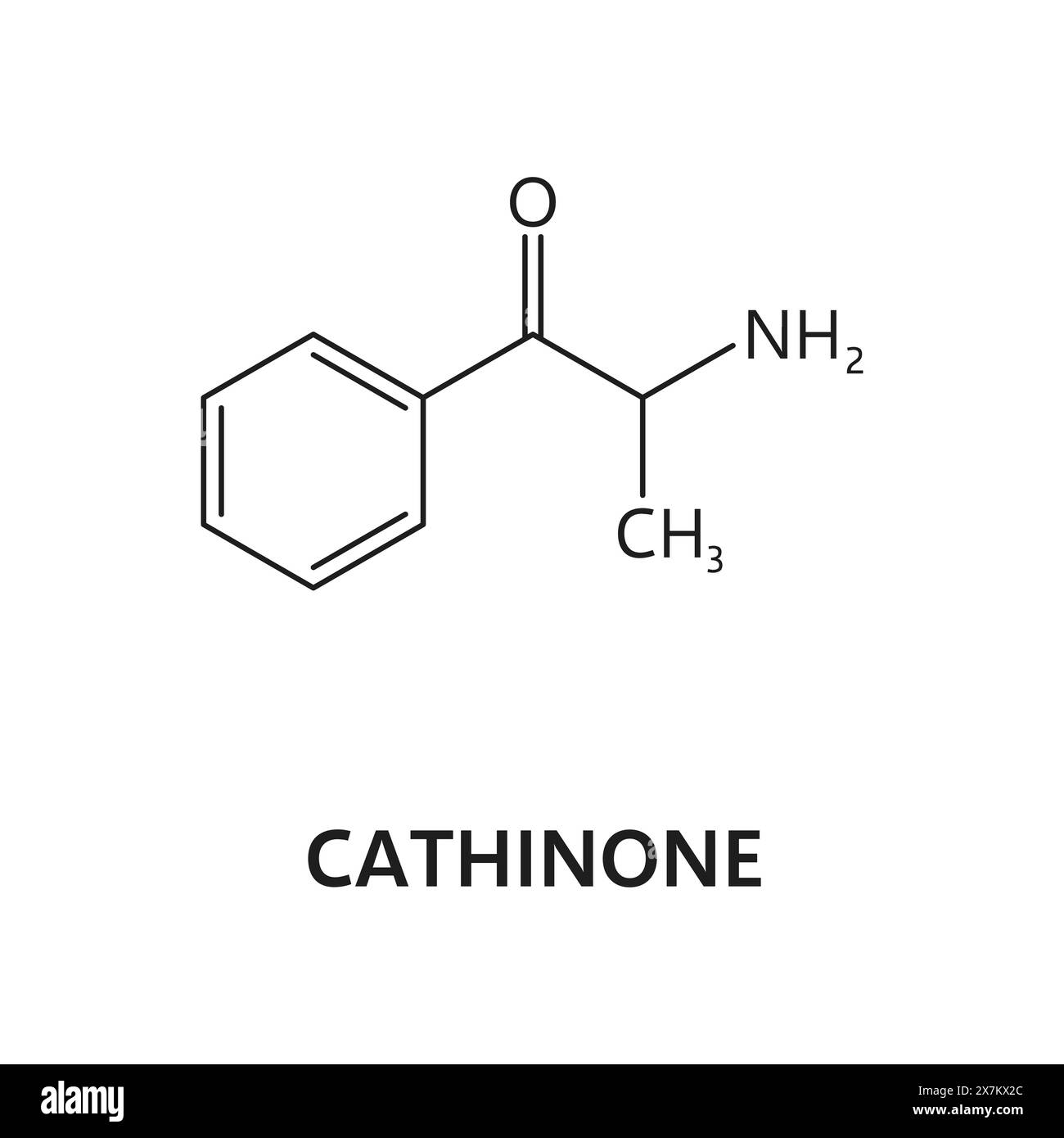 Synthetic drug structure, Cathinone molecule formula. Drug atomic composition, addictive narcotic substance biochemical model or synthetic Cathinone molecular structure vector scheme Stock Vector