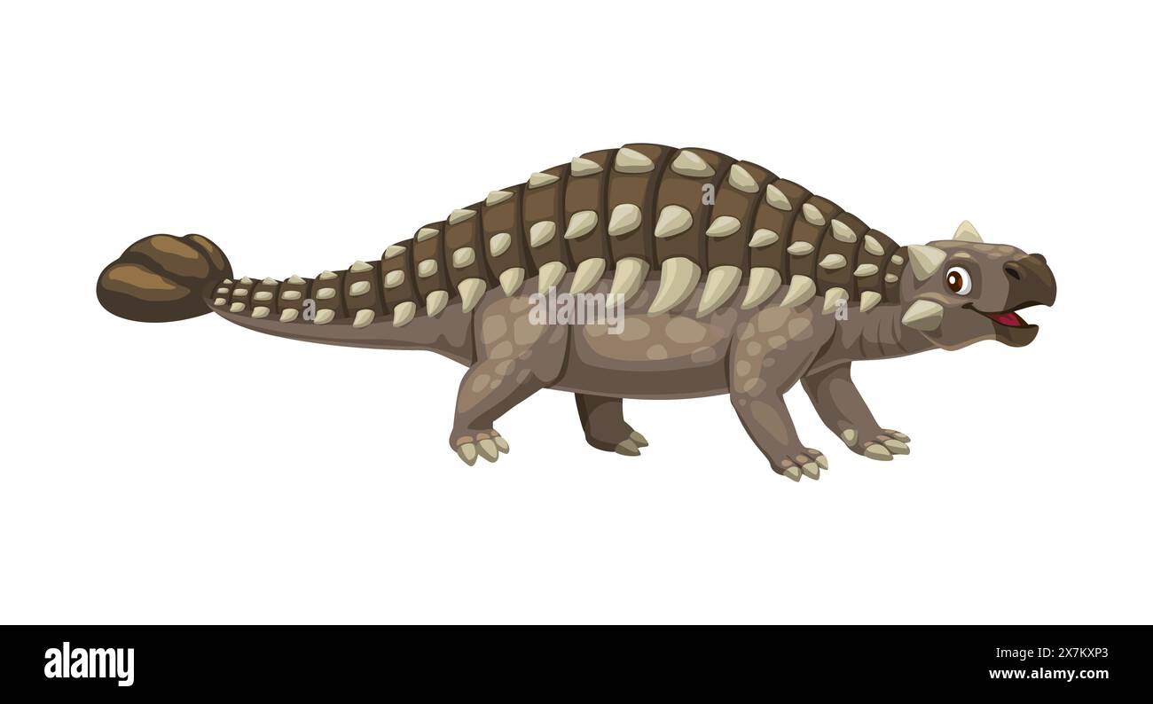 Cartoon saichania dinosaur character. Isolated vector herbivorous ankylosaurid dino from late cretaceous period. Ancient reptile with heavily armored body with bony plates and tail club for defense Stock Vector