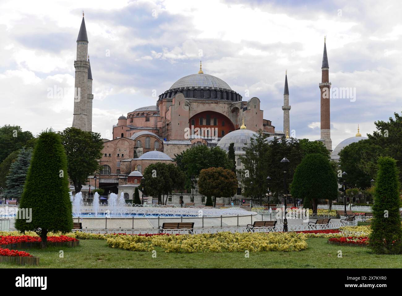The Hagia Sophia, visible via bubbling water fountains and surrounded by green spaces, Istanbul Modern, Istanbul, Turkey Stock Photo