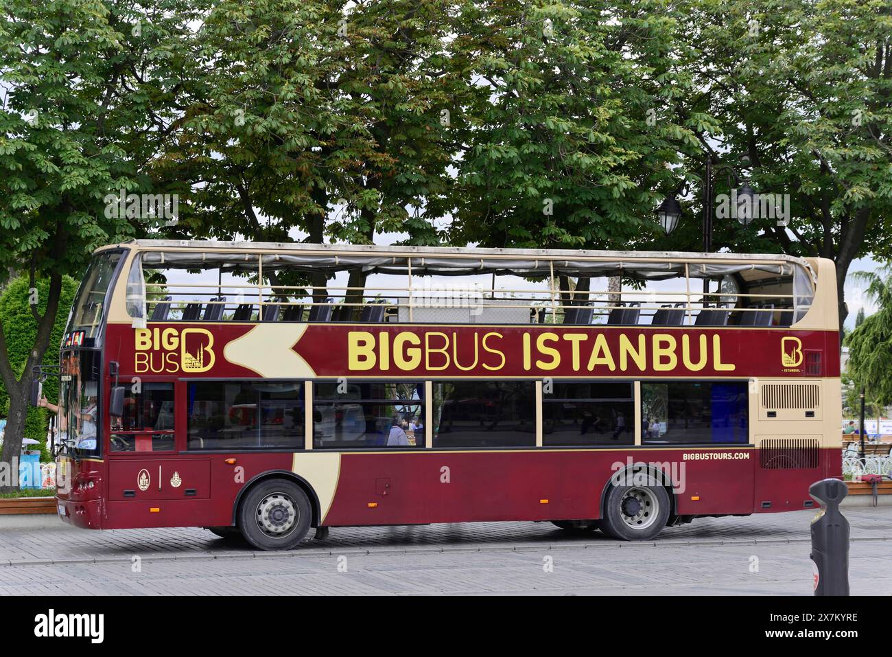 A red double-decker sightseeing bus from Big Bus Istanbul, parked on a street corner, Istanbul Modern, Istanbul, Turkey Stock Photo
