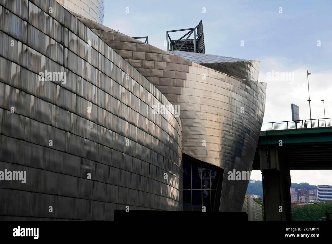 Guggenheim Museum Bilbao, Spain, Europe, Exterior view of a modern brushed steel building in an urban environment, Guggenheim Museum Bilbao on the Stock Photo