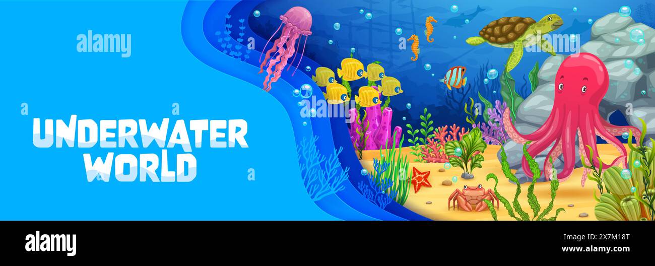Underwater landscape with paper cut waves and sea animals. Cartoon ...