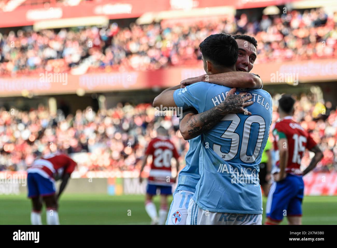 Granada, Granada, Spain. 19th May, 2024. Hugo Sotelo of RC Celta de Vigo with Iago Aspas of RC Celta de Vigo during the Liga match between Granada CF - RC Celta de Vigo at Nuevo Los CÃrmenes Stadium on May 19, 2024 in Granada, Spain. (Credit Image: © José M. Baldomero/Pacific Press via ZUMA Press Wire) EDITORIAL USAGE ONLY! Not for Commercial USAGE! Stock Photo