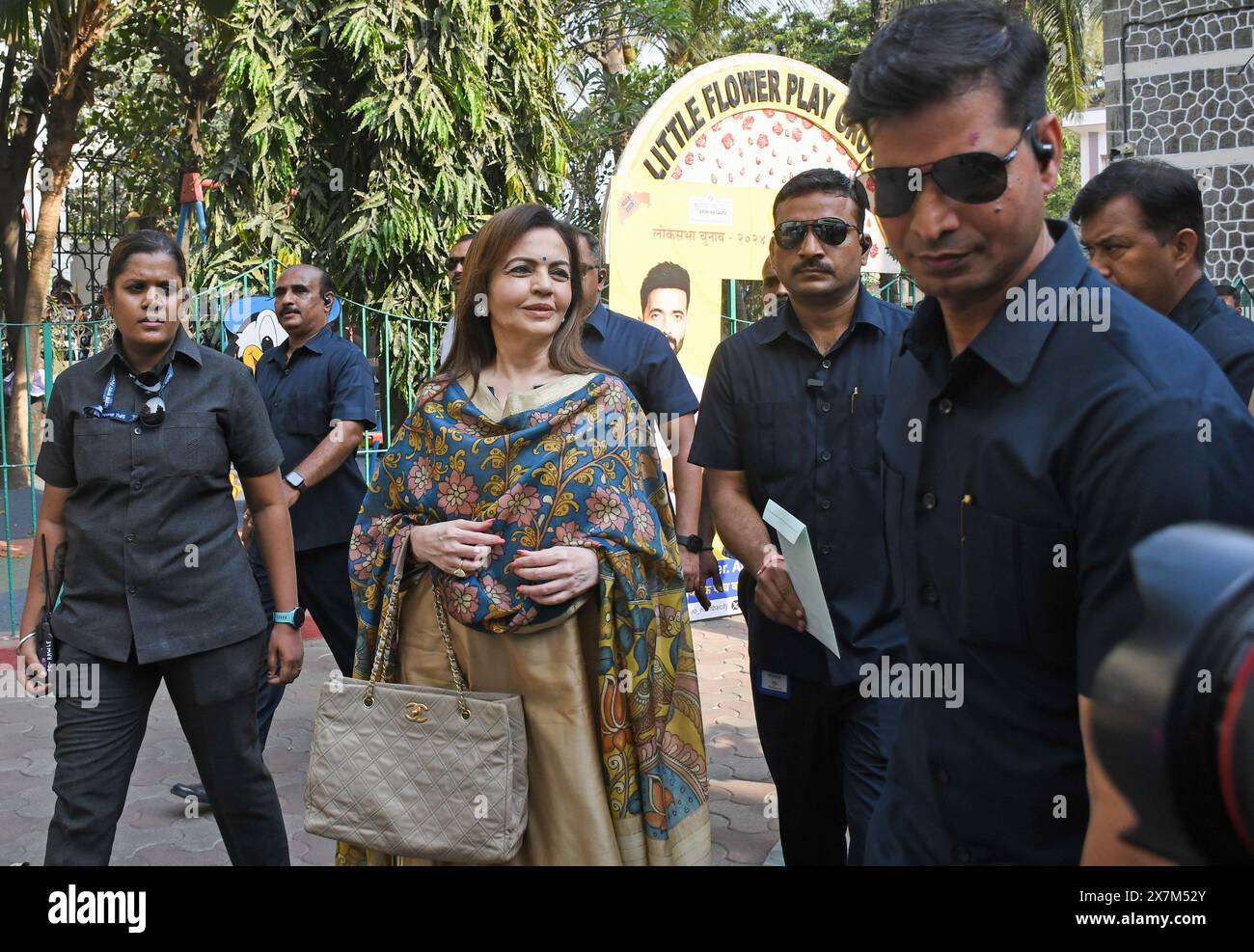 Mumbai, India. 20th May, 2024. Indian philanthropist and businesswoman Nita Ambani arrives to cast her vote at a polling booth in Mumbai. Polling was for six seats of the Loksabha election in Mumbai. These six seats were Mumbai North, Mumbai North West, Mumbai North East, Mumbai North Central, Mumbai South Central and Mumbai South. Maharashtra state recorded a lowest voter turnout of 54 percent. Credit: SOPA Images Limited/Alamy Live News Stock Photo