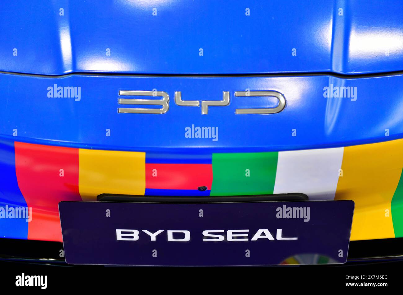 Thailand-March 27,2024: BYD Logo electric car Build Your Dream, at 45 Bangkok International Motor Show Stock Photo