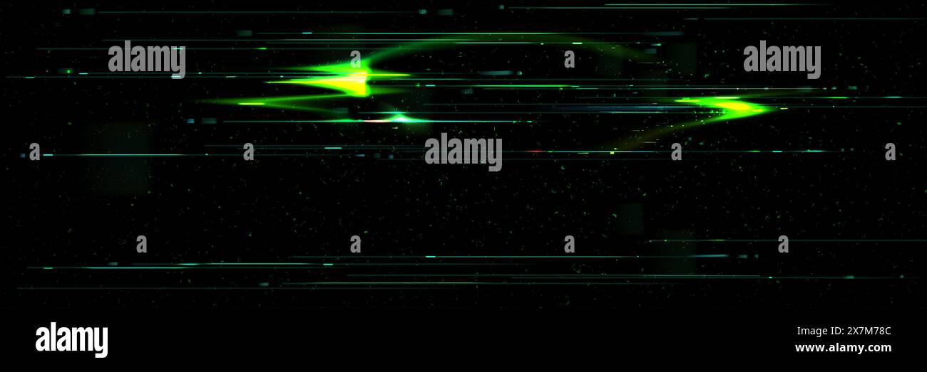Green glitch screen bg. Vhs tv noise effect vector. Digital pixel texture for error video signal. Abstract futuristic neon rewind grunge overlay. Broken computer graphic with grain and scratch lag Stock Vector