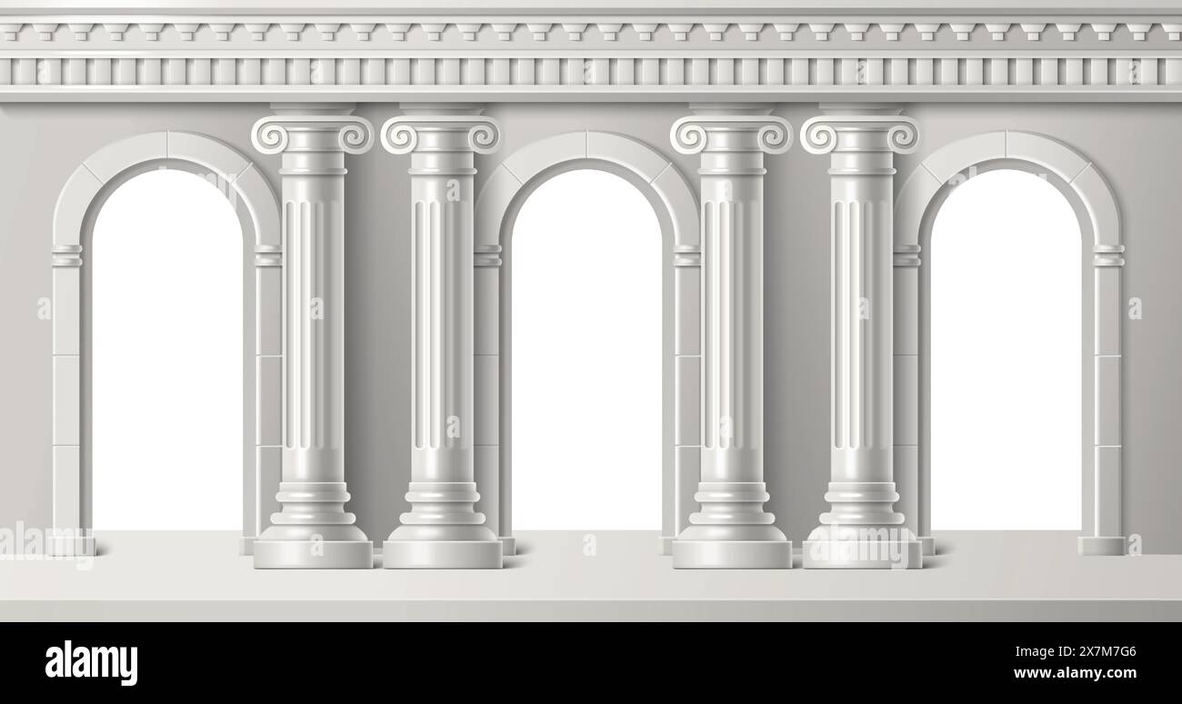 Roman arch with pillar. Greek palace building architecture vector. Classic white antique door frame for temple interior with column. Arc elements for vintage construction. 3d baroque greece colonnade Stock Vector