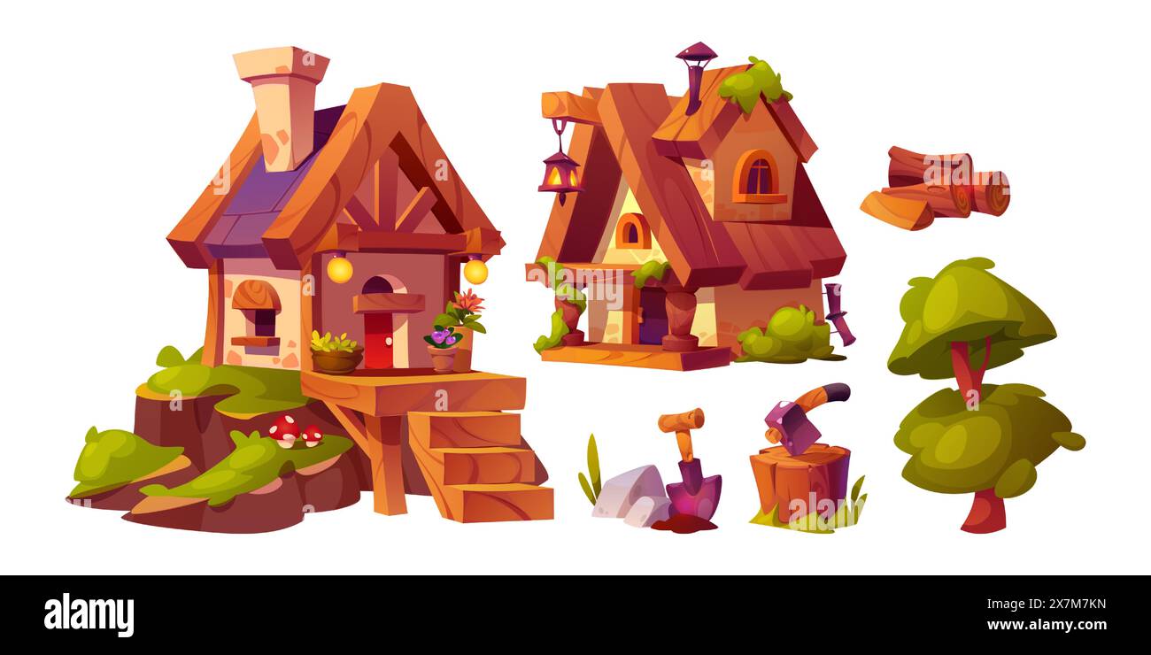 Fairytale village houses and landscape elements. Cartoon vector