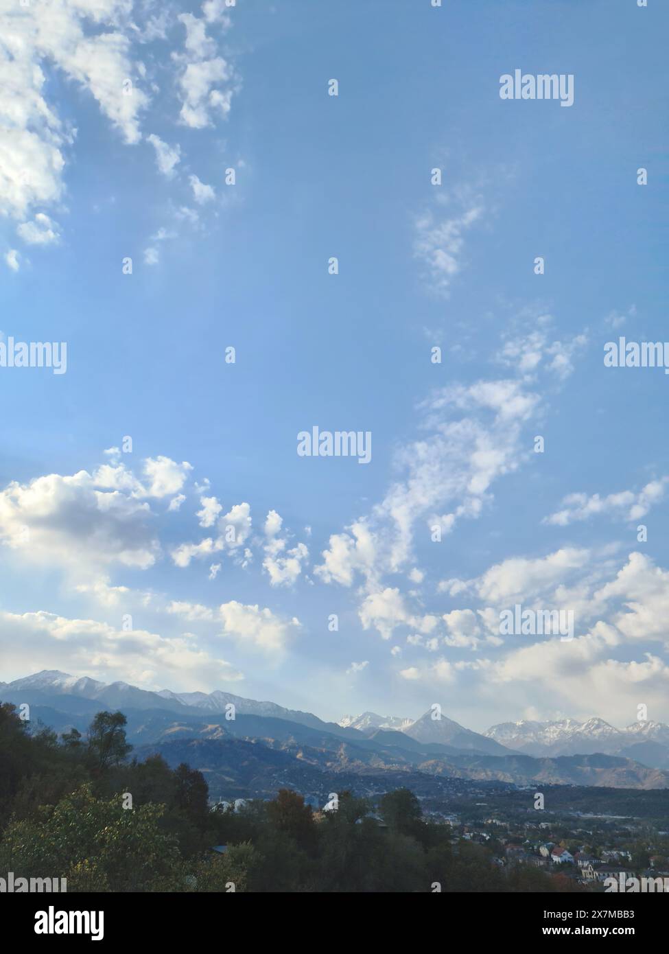 Natural vertical landscape with a clear blue sky filled with fluffy white cumulus clouds, showcasing a stunning ecoregion of highland grasslands and Stock Photo