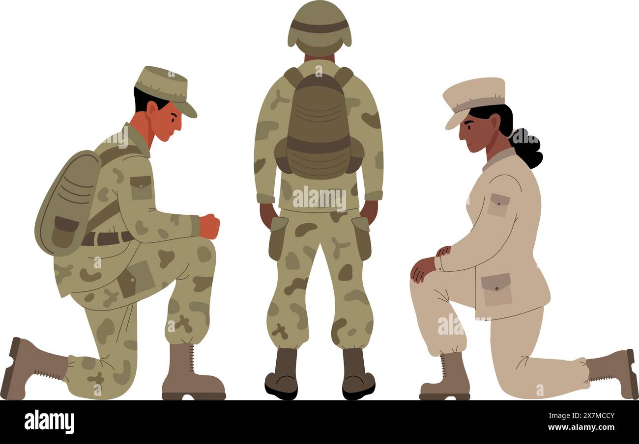 Military soldiers set. Warrior standing with his back to full height and black ethical couple woman and man on one knee. Vector illustration in flat s Stock Vector