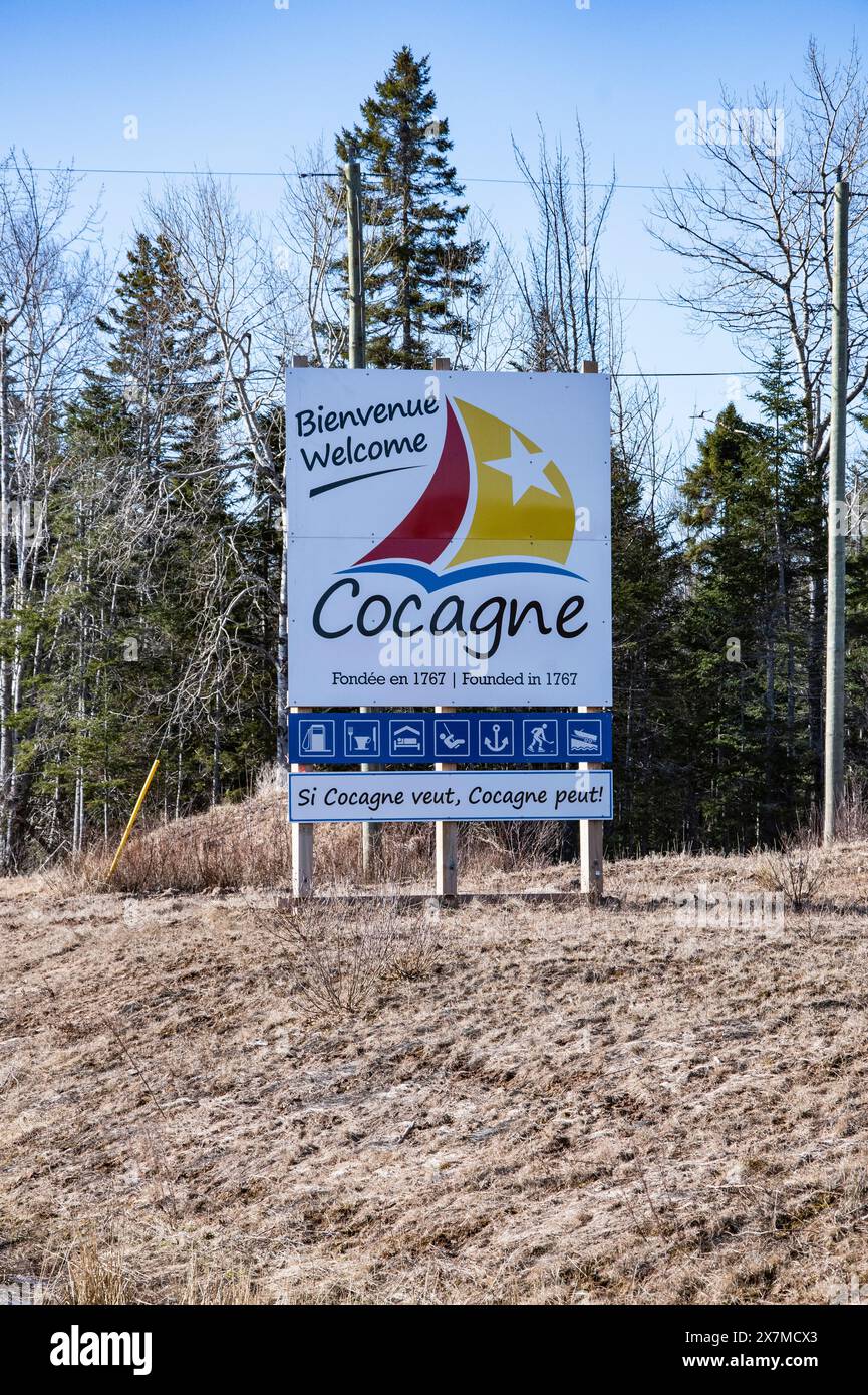 Welcome to Cocagne sign on NB 134 in New Brunswick, Canada Stock Photo