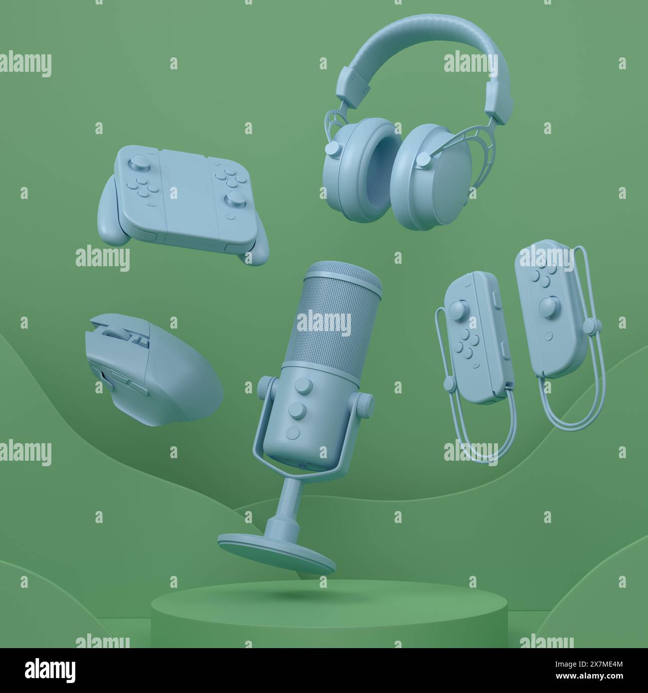 Set of video game joystick, microphone and headphones on cylinder ...